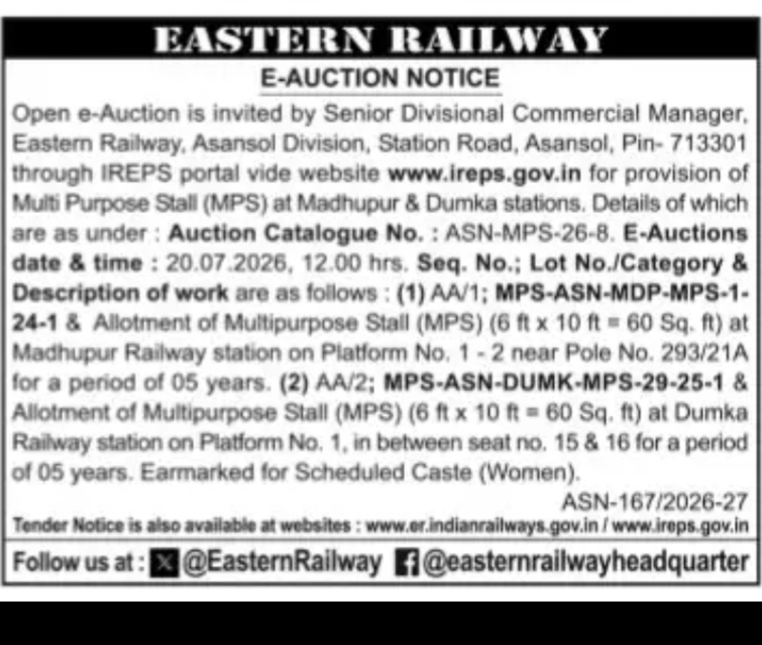 Eastern Railway E-Auction – Multipurpose Stall Licenses at Madhupur & Dumka Stations