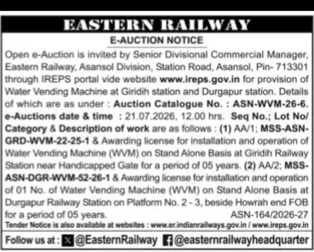 Eastern Railway E-Auction – Water Vending Machine Licenses at Giridih & Durgapur Stations