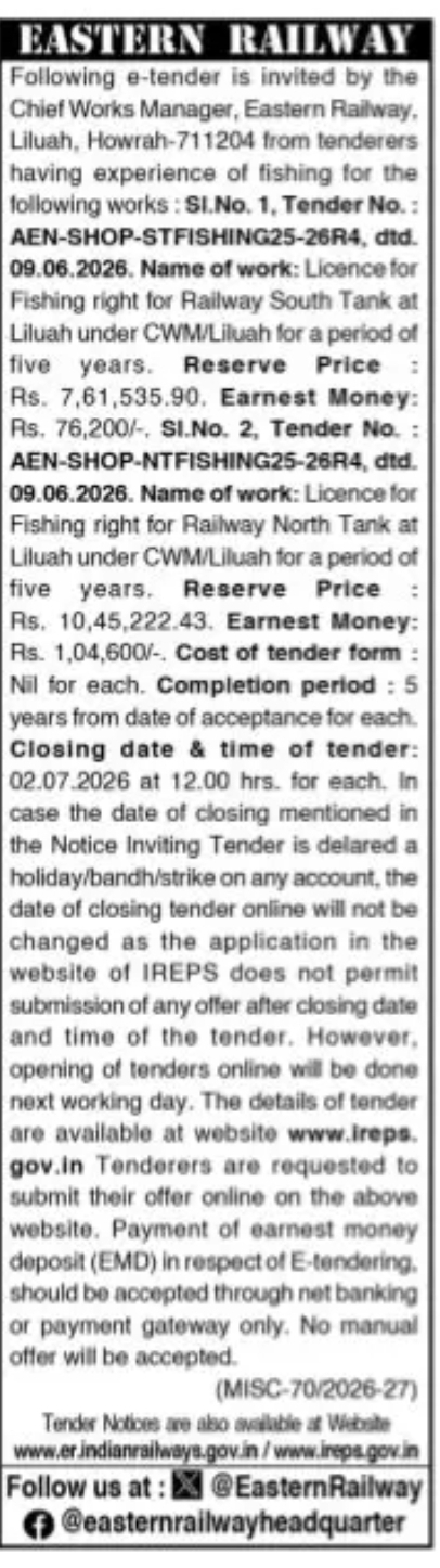 EASTERN RAILWAY E-TENDER NOTICE