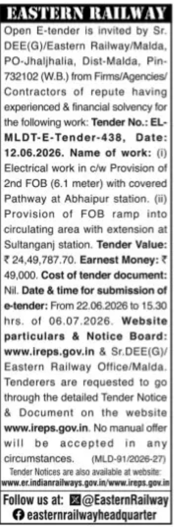 EASTERN RAILWAY E-TENDER NOTICE