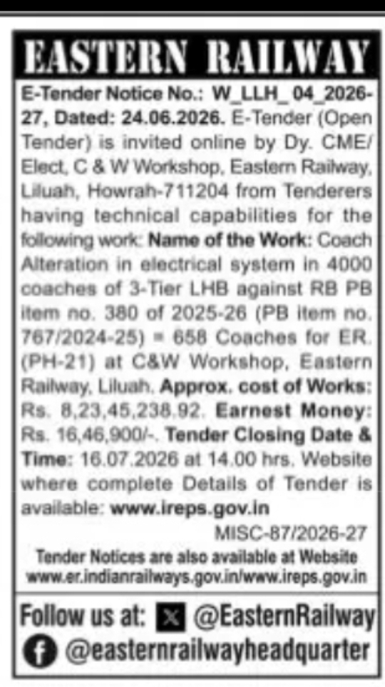 EASTERN RAILWAY – E-TENDER NOTICE