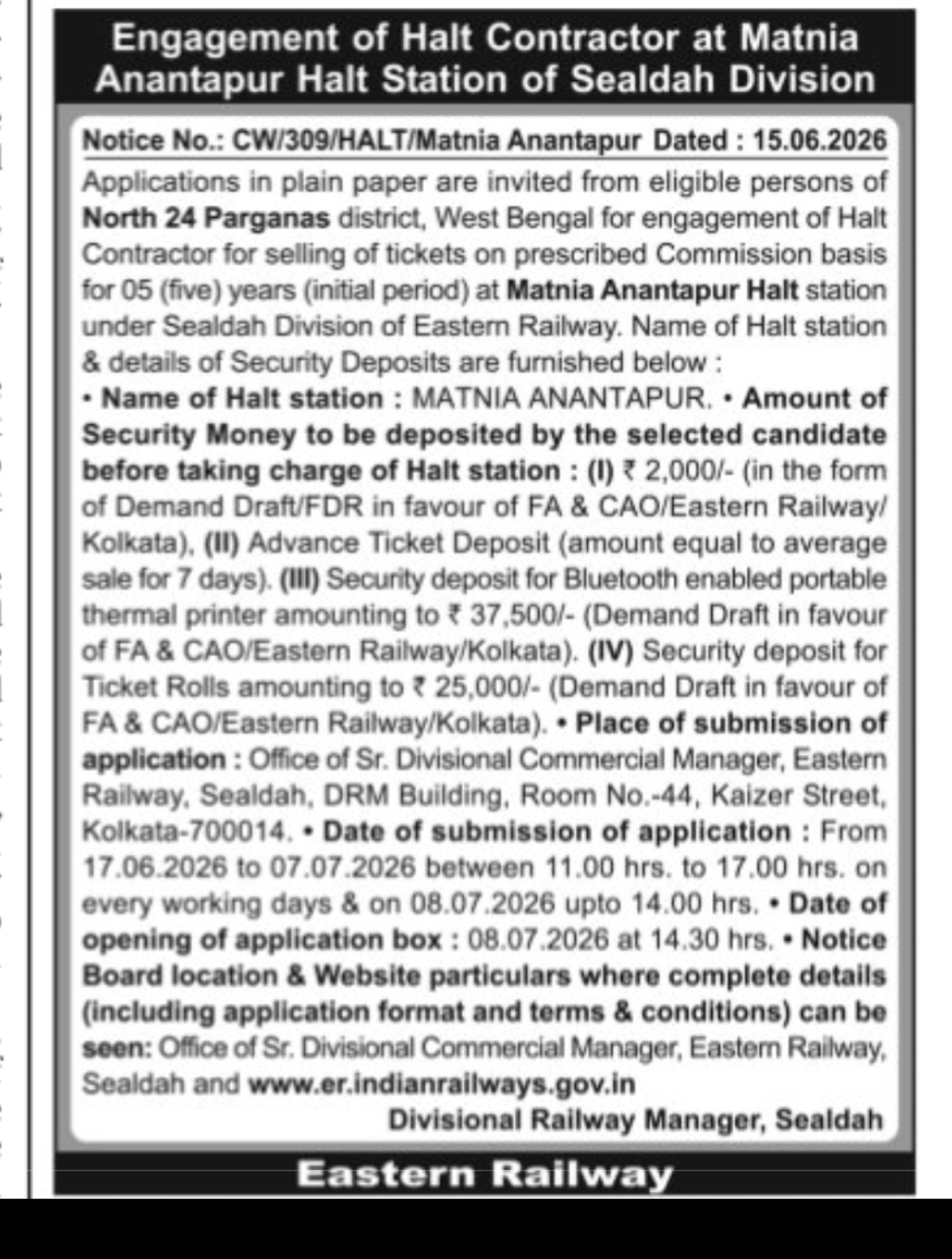 Eastern Railway – Engagement of Halt Contractor at Matnia Anantapur Halt Station