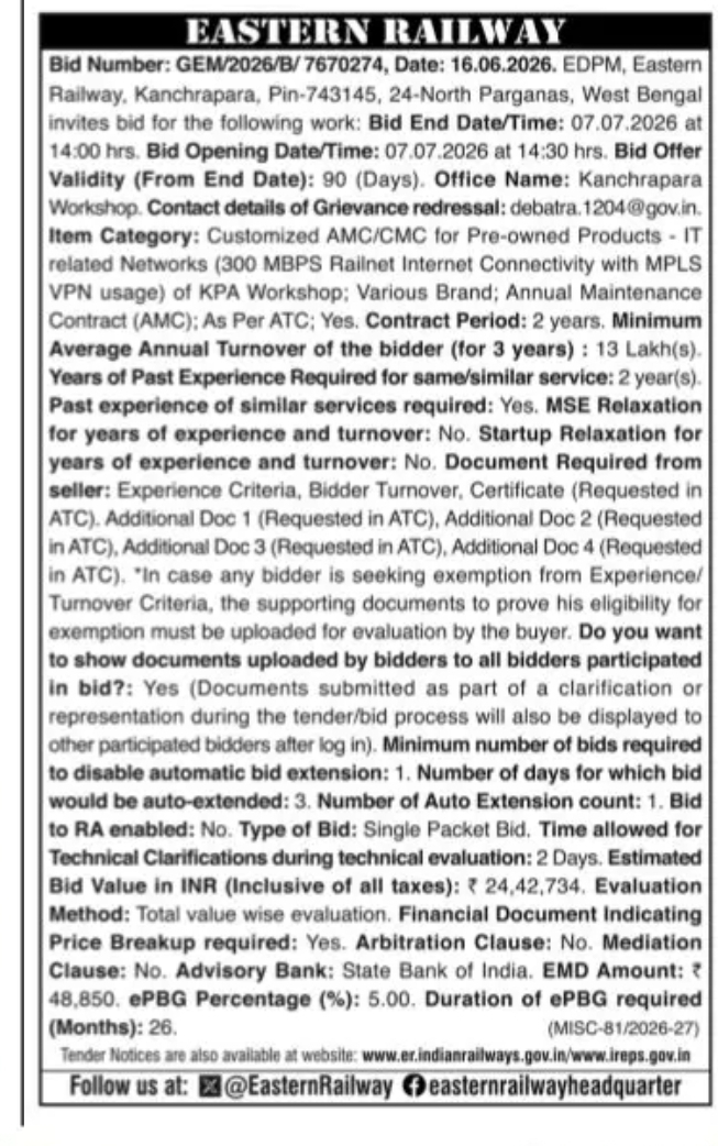 EASTERN RAILWAY – GeM Bid Notice (AMC for Railnet Internet Connectivity, Kanchrapara Workshop)