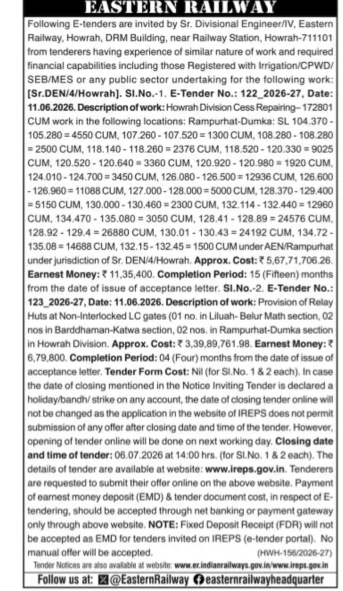 Eastern Railway Howrah Invites E-Tenders for Cess Repairing and Relay Hut Works