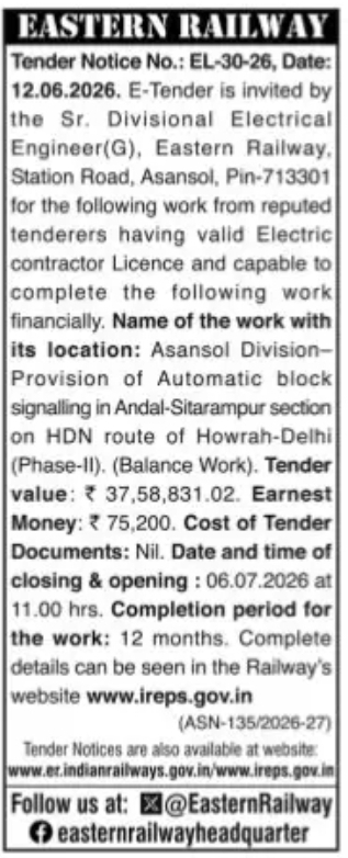 Eastern Railway Invites E-Tender for Automatic Block Signalling Work in Asansol Division, West Bengal