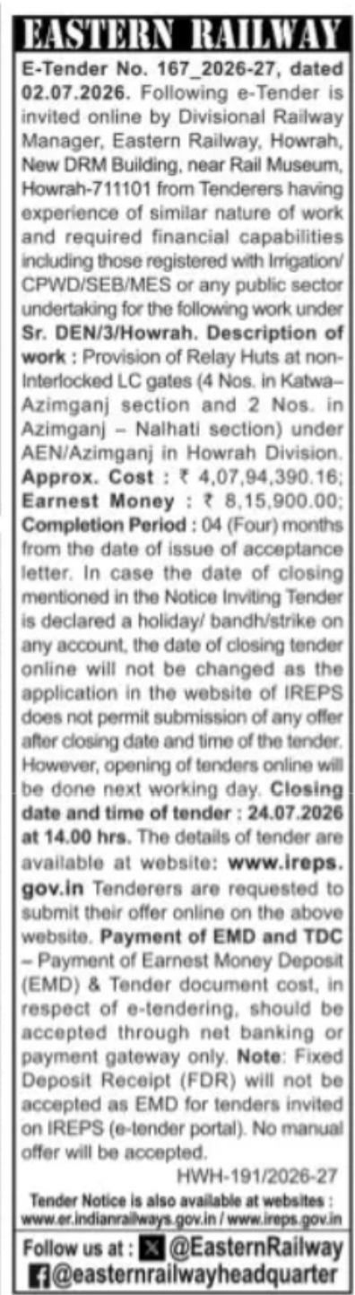 Eastern Railway Invites e-Tender for Relay Hut Construction