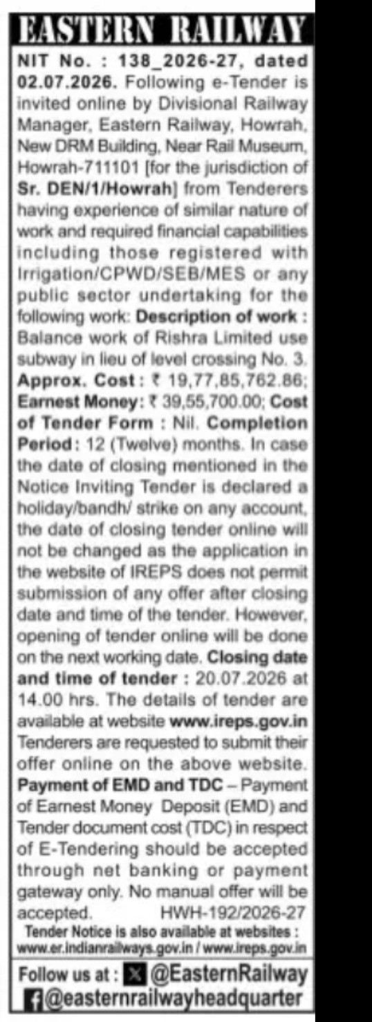 Eastern Railway Invites e-Tender for Rishra Limited Use Subway Balance Work