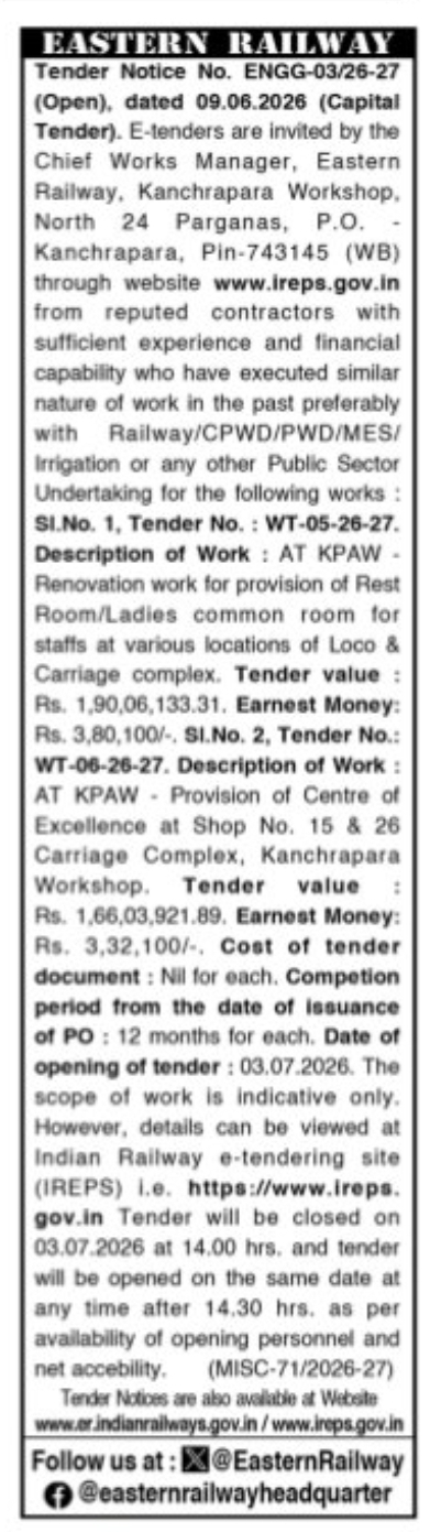 Eastern Railway Invites E-Tenders for Infrastructure Development Works at Kanchrapara Workshop, West Bengal