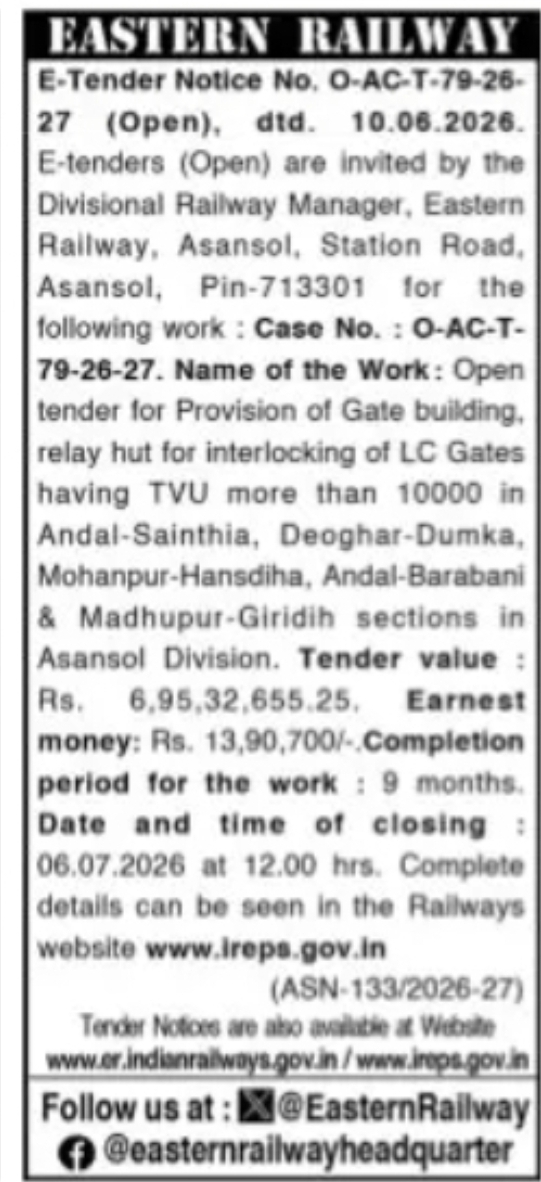 Eastern Railway Invites E-Tenders for LC Gate Interlocking Infrastructure in Asansol Division