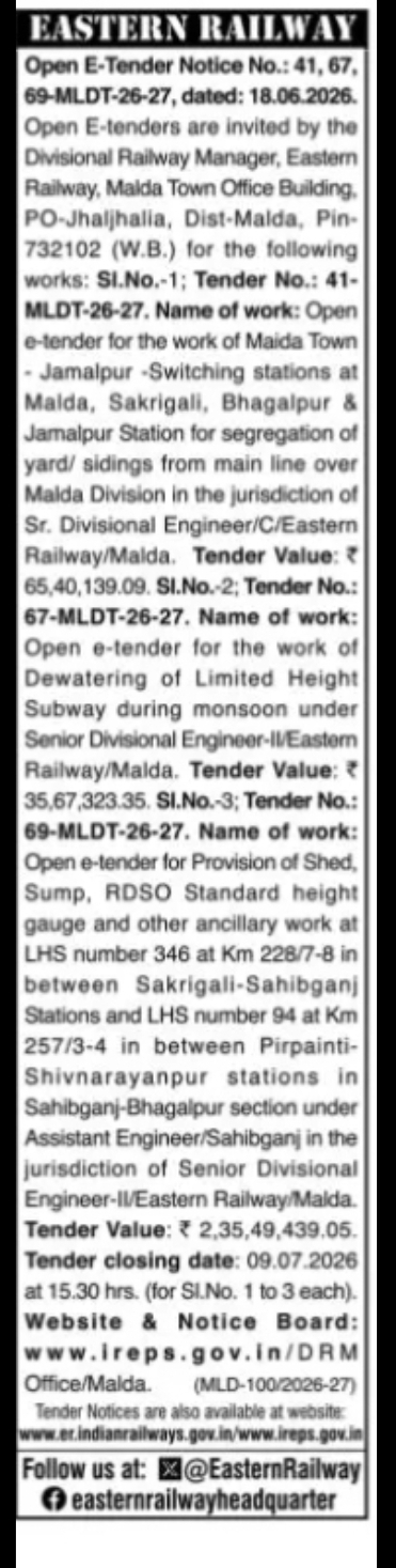 Eastern Railway – Open E-Tender Notice Nos. 41, 67, 69-MLDT-26-27