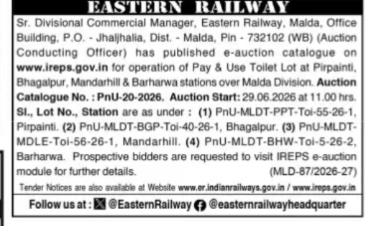 Eastern Railway – Pay & Use Toilet Auction (Malda Division)