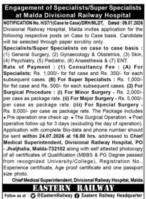 Eastern Railway Recruitment 2026 – Specialists & Super Specialists at Malda Divisional Railway Hospital