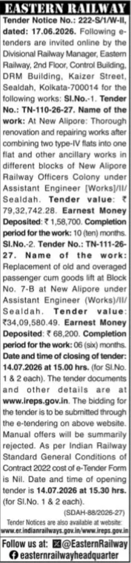 Eastern Railway Sealdah Division E-Tender Notice