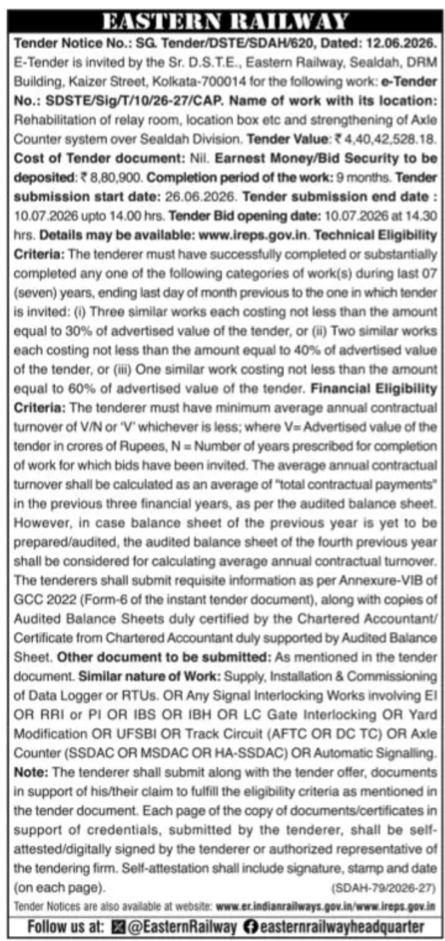 Eastern Railway Sealdah Invites E-Tender for Rehabilitation of Relay Rooms and Axle Counter System Strengthening