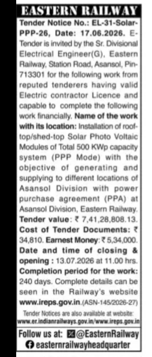 EASTERN RAILWAY TENDER NOTICE 1 Tender No.: EL-31-Solar-PPP-26 Date: 17.06.2026