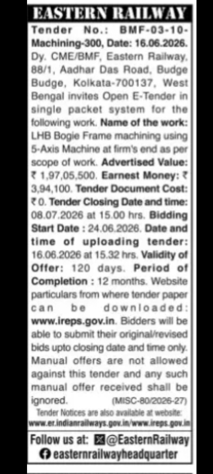 Eastern Railway – Tender Notice No. BMF-03-10 (Machining-300)