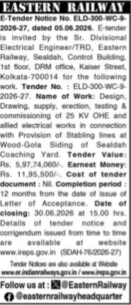 Eastern Railway Tender Notice