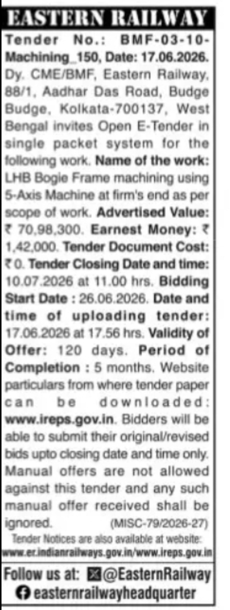 EASTERN RAILWAY TENDER NOTICE