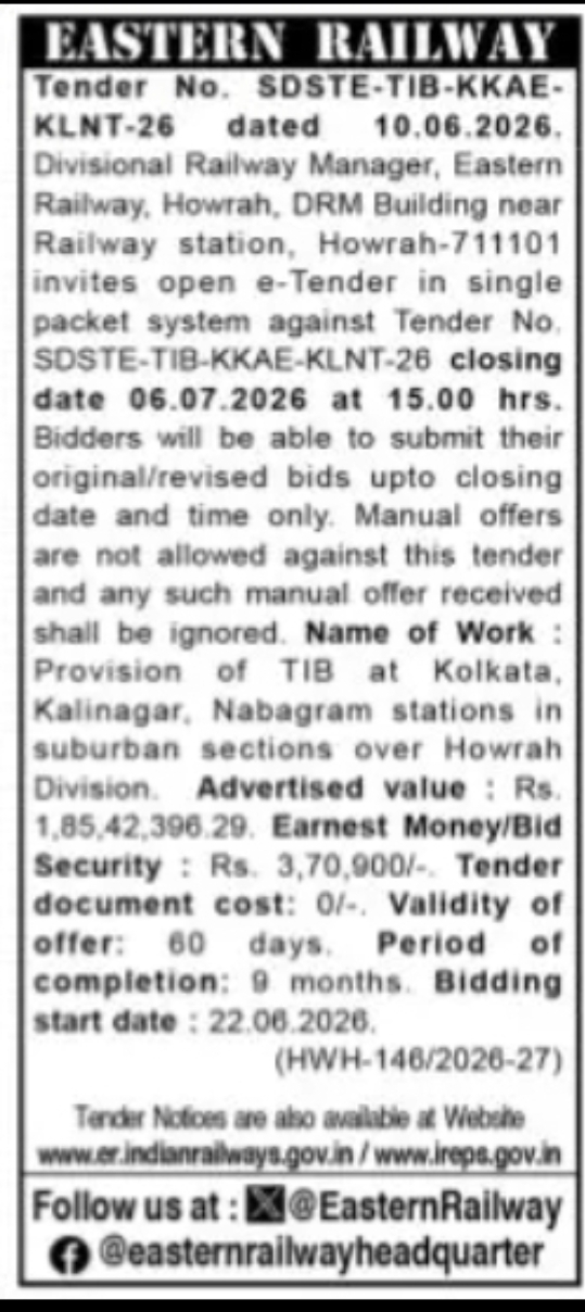 Eastern Railway Tender: TIB Provision Works at Kolkata, Kalinagar & Nabagram Stations