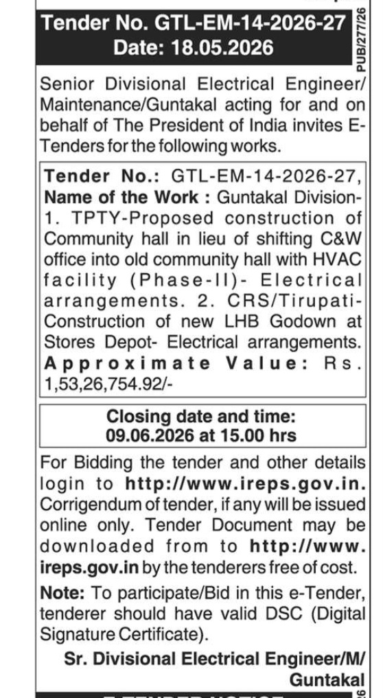 Electrical Arrangements for Community Hall and LHB Godown Works in Guntakal Division under Tender No. GTL-EM-14-2026-27