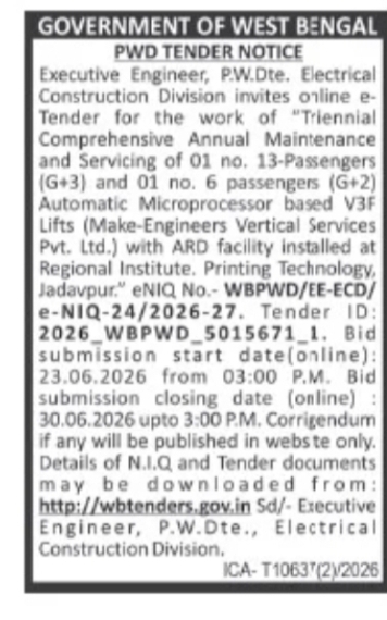 Electrical Construction Division Tender Notice – Lift Maintenance