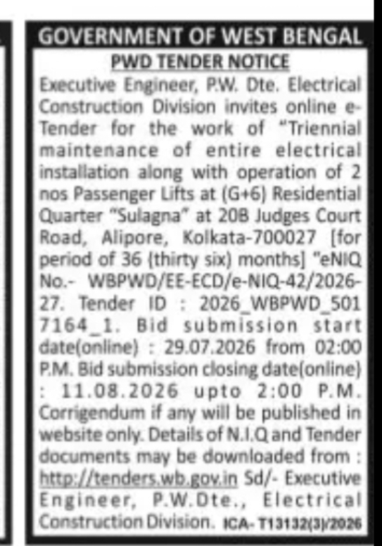 Electrical Maintenance & Lift Operation Tender – Alipore