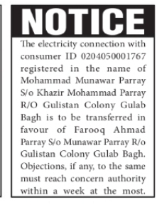 Electricity Connection Transfer Notice – Gulab Bagh
