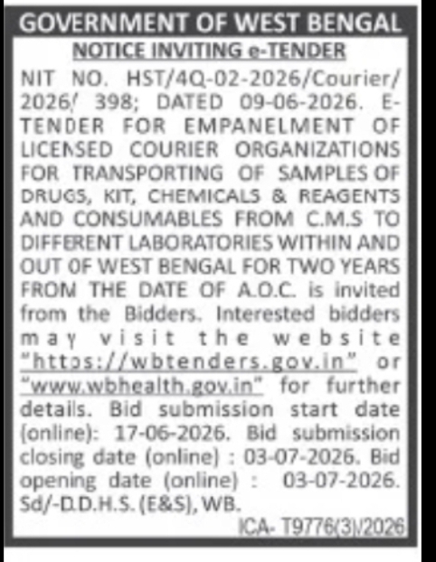 Empanelment of Courier Agencies for Sample Transportation – Health Department