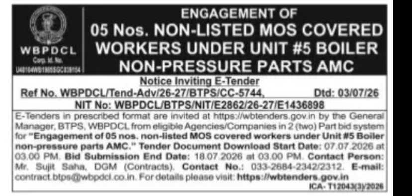 Engagement of Non-Listed MOS Covered Workers for Unit #5 Boiler AMC – WBPDCL Tender