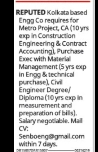 Engineering Staff Required for Metro Project (Kolkata Based Company)