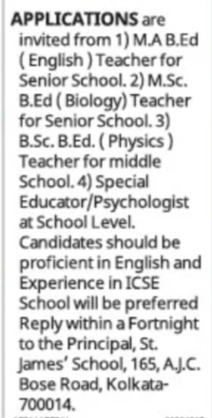 English, Biology, Physics & Special Educator – St. James' School