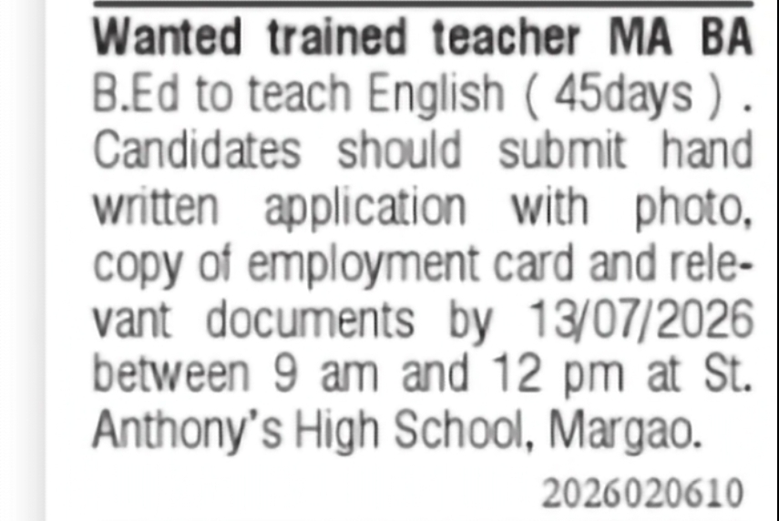 English Teacher Required – St. Anthony’s High School, Margao