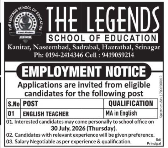 English Teacher Vacancy – The Legends School of Education, Srinagar