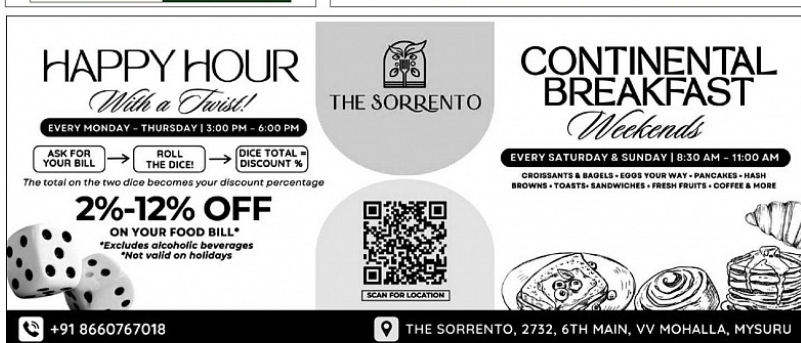 Enjoy exciting offers and delicious dining experiences at The Sorrento, Mysuru.