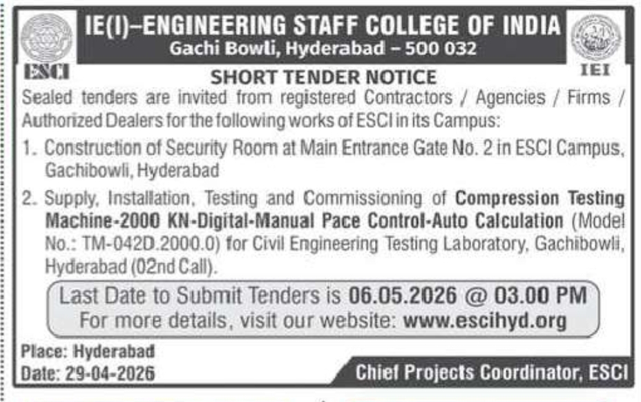 📢 ESC Short Tender Notice – Engineering Staff College of India (ESCI), Gachibowli, Hyderabad
