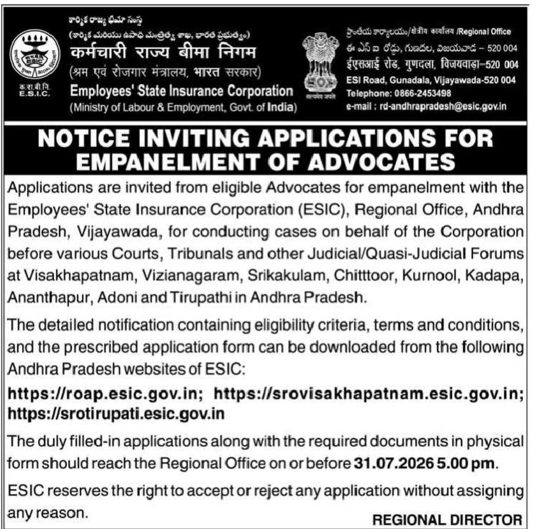 ESIC Andhra Pradesh Invites Applications for Empanelment of Advocates