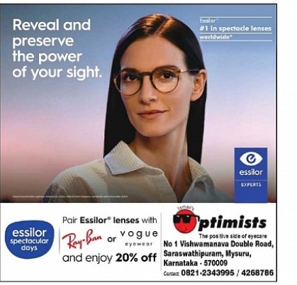 Essilor Lens Offer – Get 20% Off at Optimists Eye Care, Mysuru