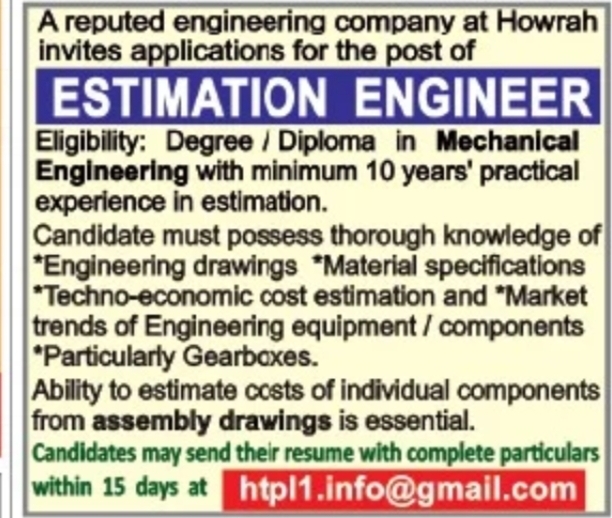 Estimation Engineer Job Opening – Howrah