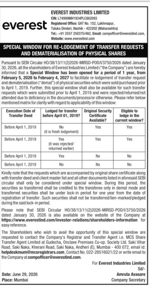 Everest Industries Limited – Special Window for Re-lodgement of Share Transfer Requests & Dematerialisation