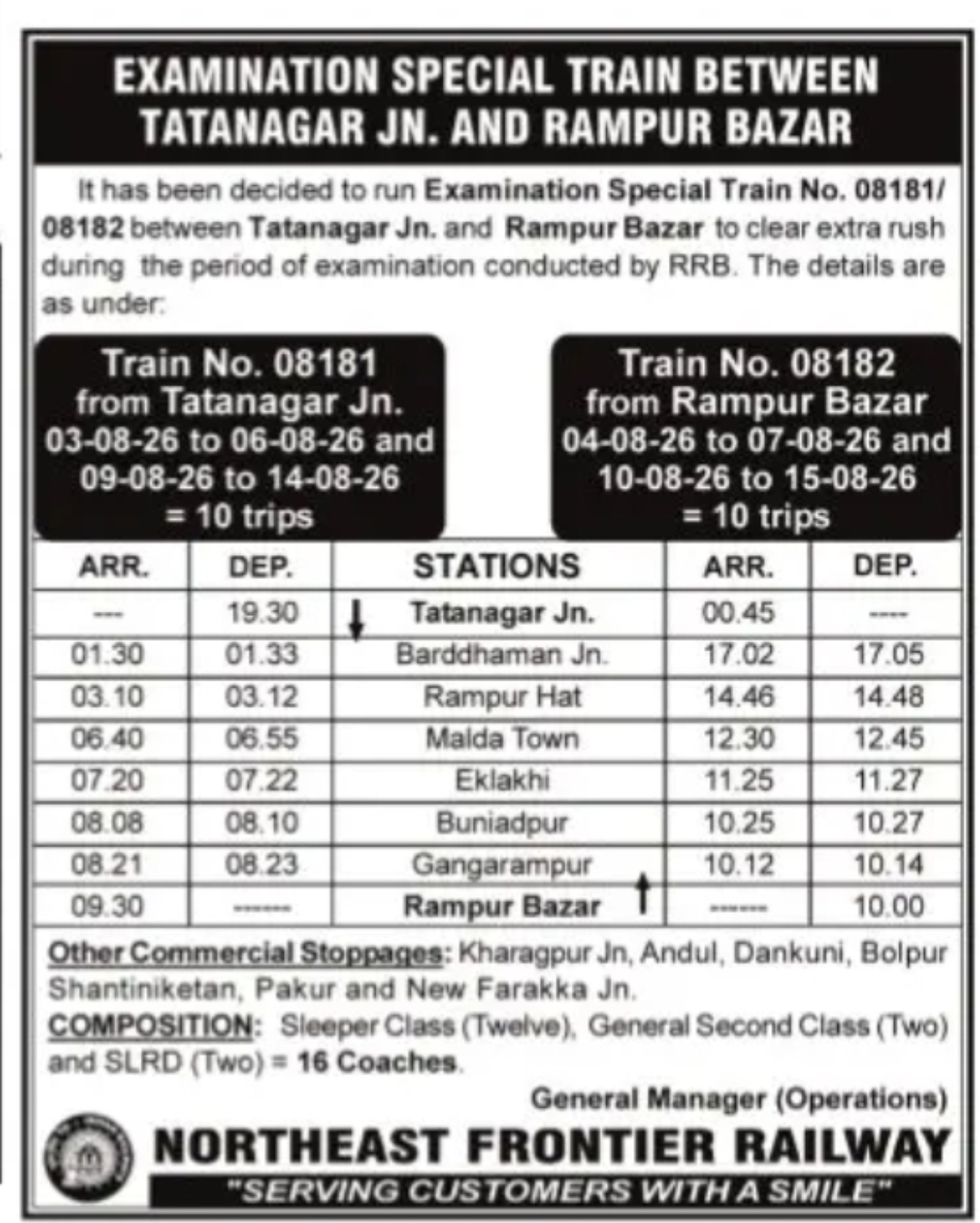 Examination Special Train Between Tatanagar Junction and Rampur Bazar
