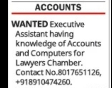 Executive Assistant (Accounts & Computer Knowledge) – Lawyers Chamber