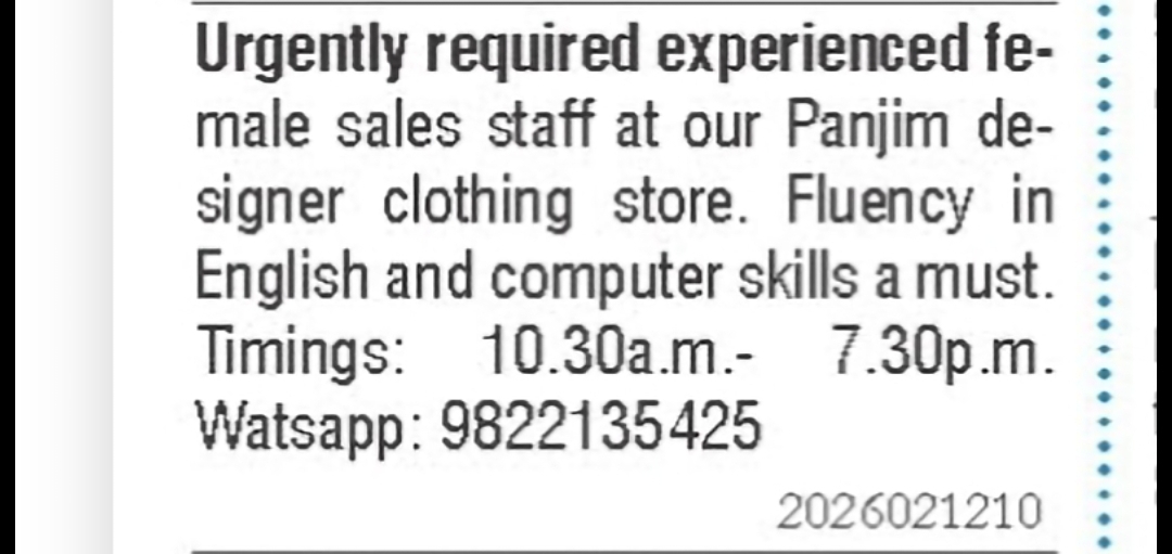 Experienced Female Sales Staff Required – Panjim