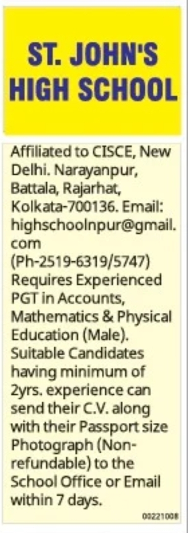 Experienced PGT Teachers Required – St. John's High School, Kolkata