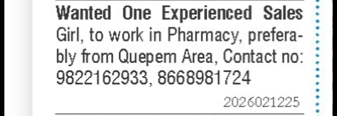 Experienced Sales Girl Required – Pharmacy