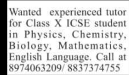 Experienced Tutor Required for Class X ICSE Student