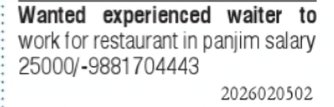 Experienced Waiter Required