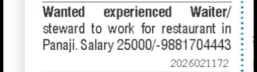 Experienced Waiter / Steward Required – Panaji