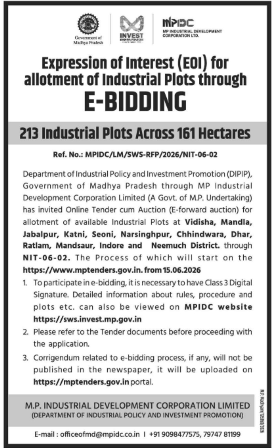 Expression of Interest (EOI) for Allotment of Industrial Plots through E-Bidding