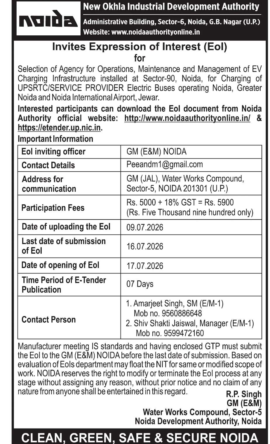 Expression of Interest (EoI) for EV Charging Infrastructure Operations & Maintenance – Noida Authority