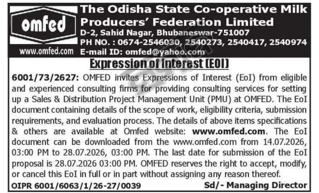 Expression of Interest (EOI) – Sales & Distribution PMU Consulting Services at OMFED